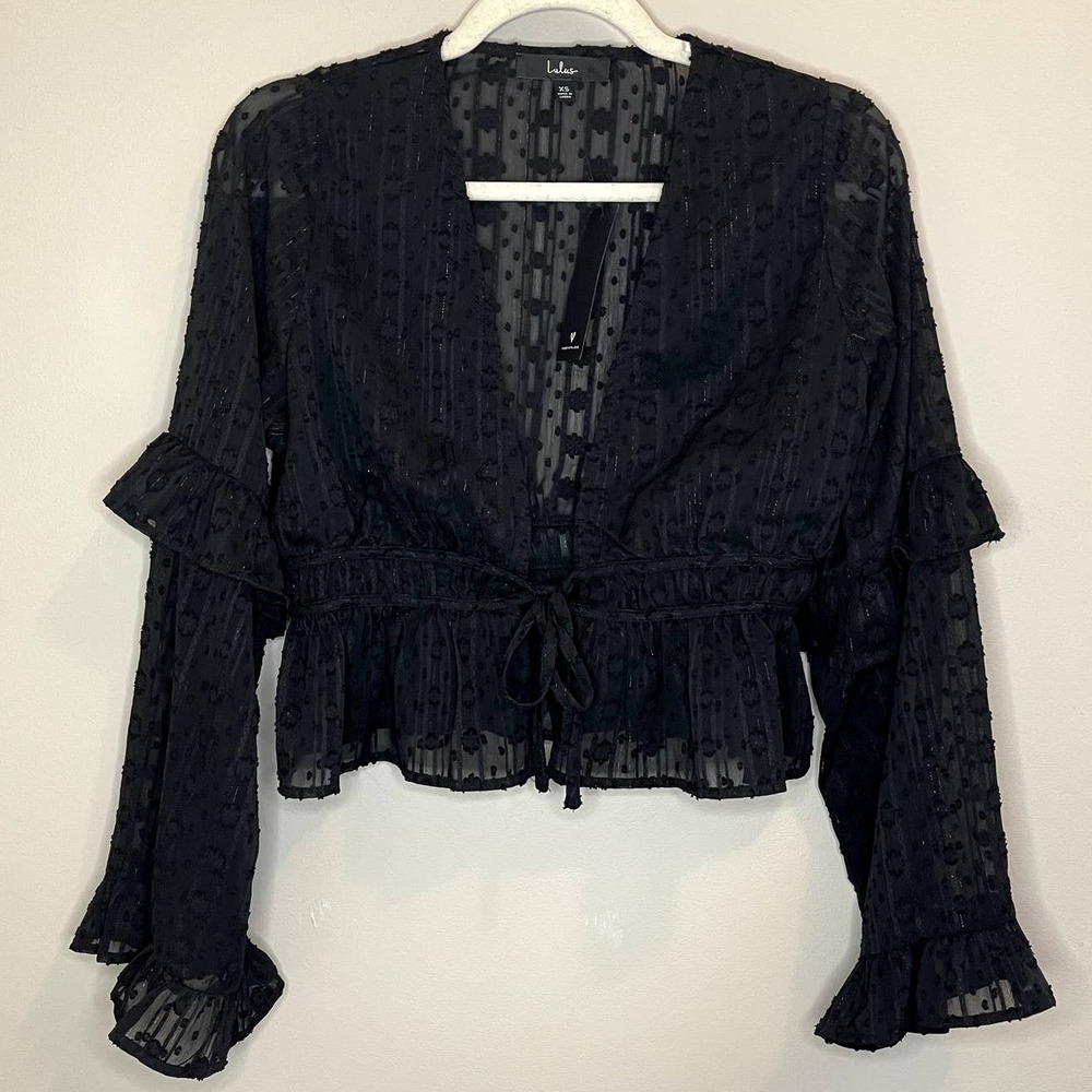 NWT Lulu's Lace Tie Cropped Blouse | Black Top | Romantic Flirty | XS